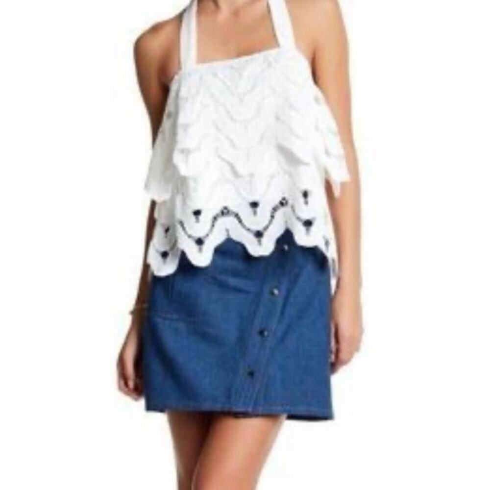NWOT J.O.A. Los Angeles White Lace Halter Tie Top Scalloped XS